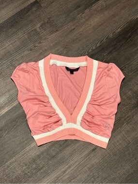 PLAYBOY Pink and White Cropped V-Neck Top